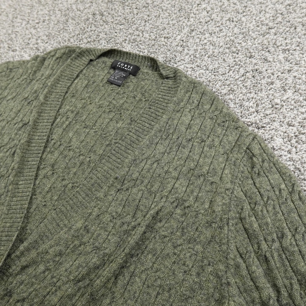 Forte Cashmere Sweater Womens M Green Wool Cashmere‎ Cable Knit Button Cardigan